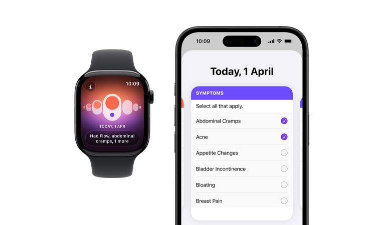 Apple Watch Series 11, titanium case, gold colour, Cycle Tracking app, daily symptoms selector open on paired iPhone