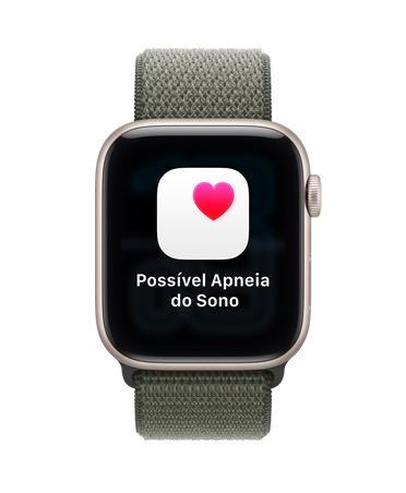 Apple Watch SE 3 com caixa estelar de alumínio e pulseira esportiva roxo-névoa, notificação de possível apneia do sono, coração rosa em uma caixa branca e Digital Crown no lado direito
