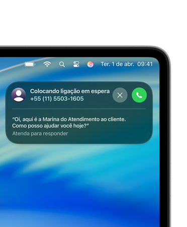 Canto direito da tela do Mac com Atividade ao Vivo do Assistência de Espera, indicando que a pessoa está em espera com um representante de atendimento ao cliente.