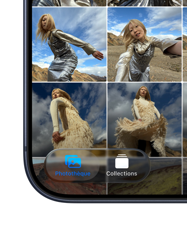iPhone, partie inférieure gauche de l’écran affichant les onglets Photothèque et Collections dans l’app Photos avec le nouveau design en Liquid Glass