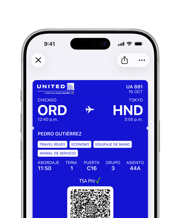 iPhone, mitad superior de la pantalla mostrando un pase de abordar guardado en la app Wallet