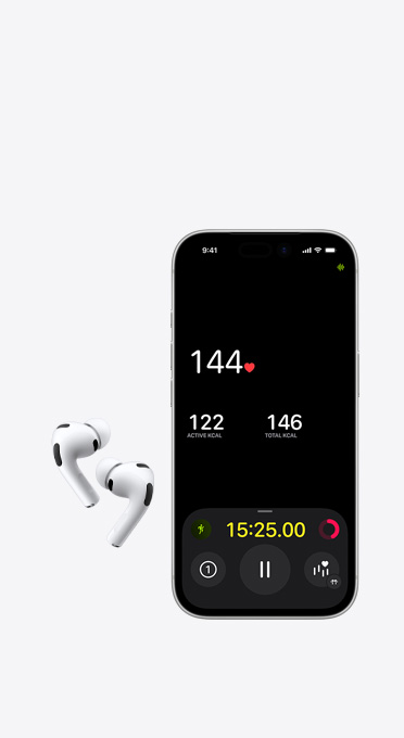 Levé a pravé bezdrátové sluchátko vedle iPhonu se snímačem tepové frekvence na obrazovce