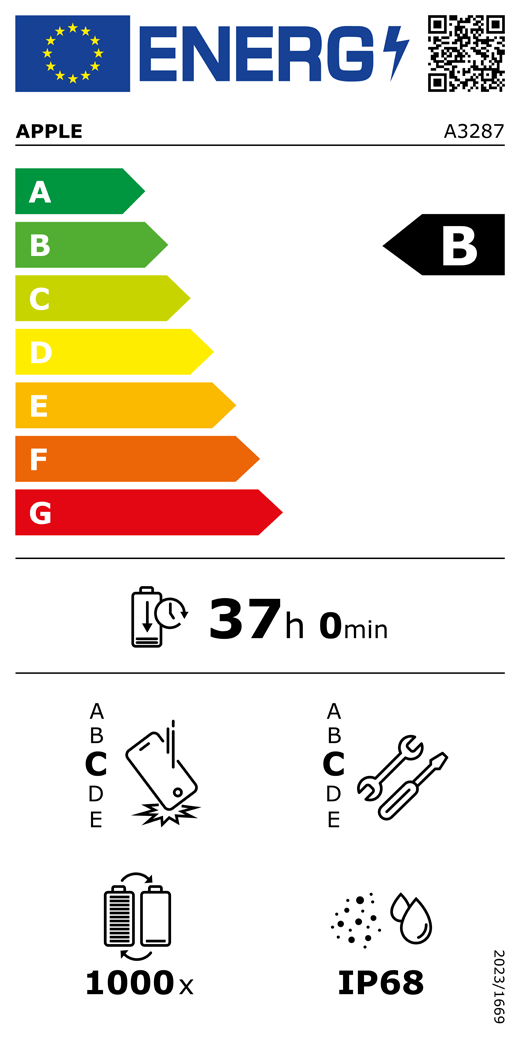 QR kód a informace na energetickém štítku EU, model Apple A3287, třída B, třídy energetické účinnosti (se stupnicí od A do G), A (nejvyšší účinnost) až G (nejnižší účinnost), výdrž baterie na jeden cyklus, 37 hodin a 0 minut na plné nabití baterie, třída spolehlivosti při opakovaném volném pádu C, A (nejvyšší odolnost) až E (nejnižší odolnost), třída opravitelnosti C, A (nejlepší opravitelnost) až E (nejhorší opravitelnost), životnost baterie 1000 cyklů, stupeň ochrany proti vniknutí prachu a vody (IP) IP68, nařízení 2023/1669