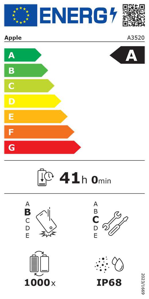 QR kód a informace na energetickém štítku EU, model Apple A3520, třída A, třídy energetické účinnosti (se stupnicí od A do G), A (nejvyšší účinnost) až G (nejnižší účinnost), výdrž baterie na jeden cyklus, 41 hodin a 0 minut na plné nabití baterie, třída spolehlivosti při opakovaném volném pádu B, A (nejvyšší odolnost) až E (nejnižší odolnost), třída opravitelnosti C, A (nejlepší opravitelnost) až E (nejhorší opravitelnost), životnost baterie 1000 cyklů, stupeň ochrany proti vniknutí prachu a vody (IP) IP68, nařízení 2023/1669