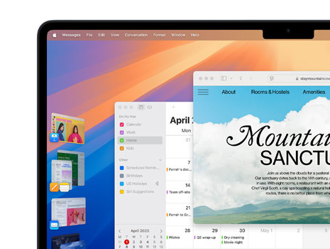 Várias janelas e apps no ecrã, incluindo Keynote, Pages, Mail e um site com conteúdo sobre um refúgio na montanha.