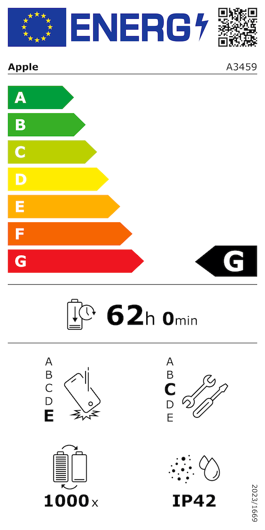 EUs energimerking, QR-kode og informasjon, Apple-modell A3459, klasse G, energieffektivitetsklasser (på en skala fra A til G), fra A (mest effektiv) til G (minst effektiv), batteritid per syklus, 62 timer og 0 minutter per fullading, holdbarhetsklasse E ved gjentatt fritt fall, fra A (mest holdbar) til E (minst holdbar), reparerbarhetsklasse C, fra A (mest reparerbar) til E (minst reparerbar), 1000 batterisykluser, støv- og vannbestandig med en rangering på IP42, forordning 2023/1669
