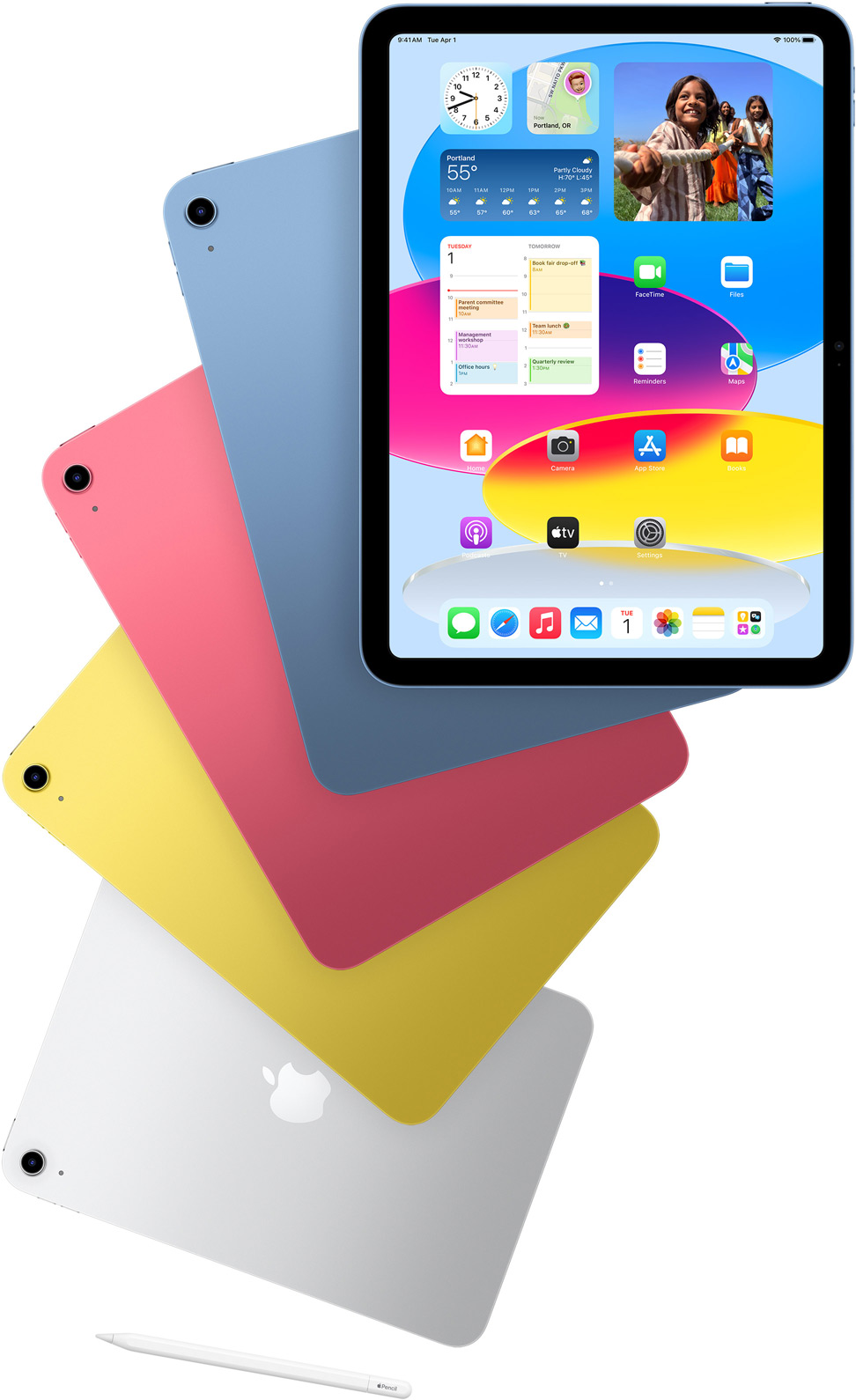 iPad sett forfra som viser Hjem-skjermen, med iPad-modeller sett bakfra i blå, rosa, gul og sølv. En Apple Pencil er plassert ved viften med iPad-modeller.