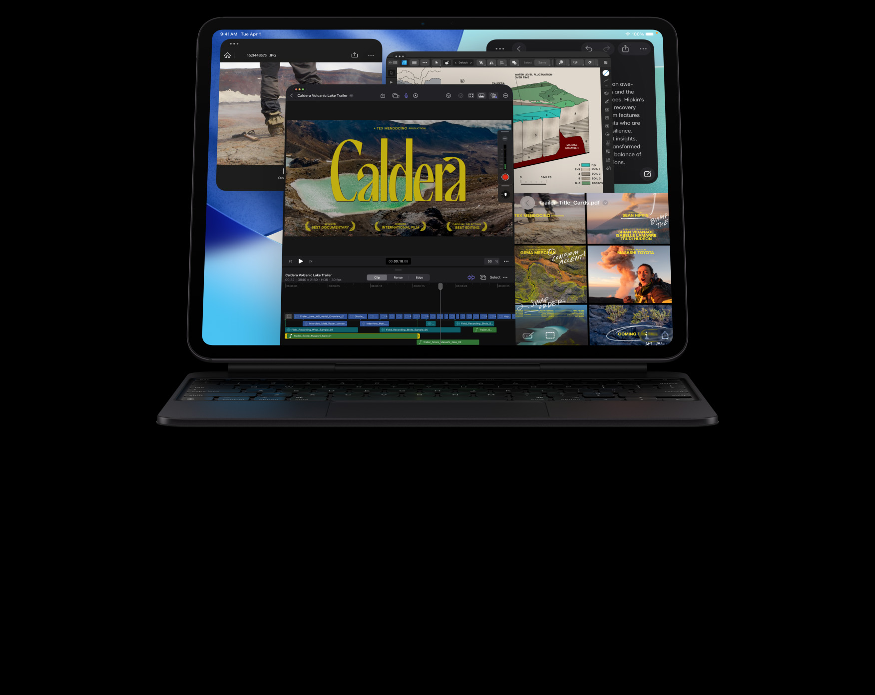 En iPad Pro i fargen stellarsvart vises forfra i liggende retning. Den er festet til et Magic Keyboard i stellarsvart, og på skjermen vises flere appvinduer: Final Cut Pro med flere videoredigeringsfunksjoner og en tidslinje, Kart-appen, Notater-appen og medieklipp.