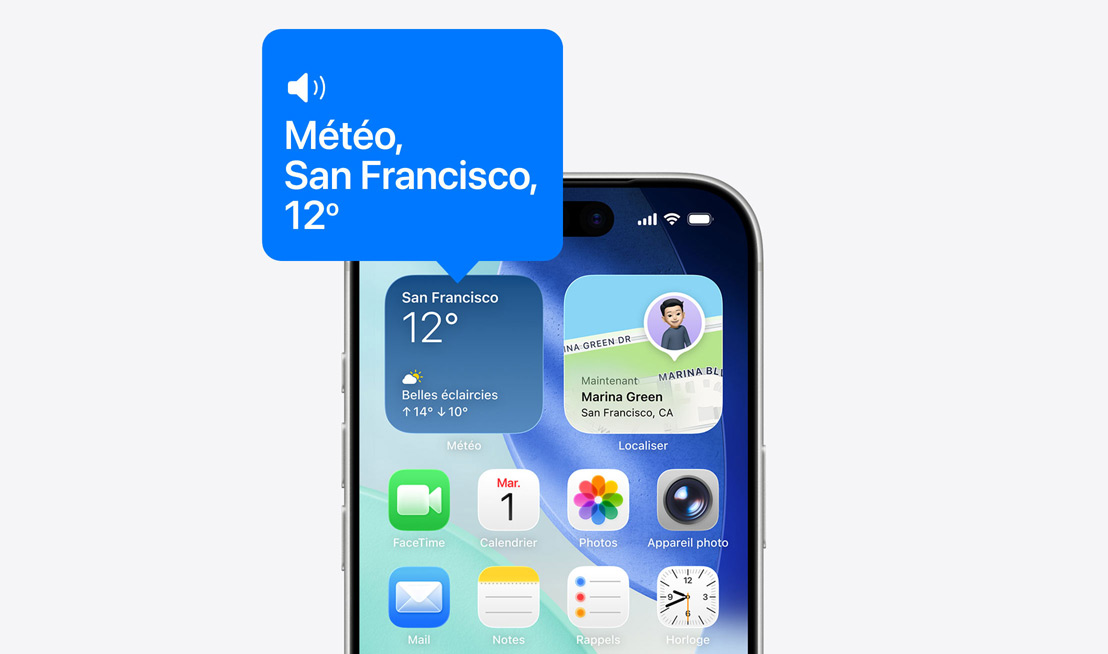 Écran d’accueil d’un iPhone, icône du widget météo lu à voix haute par VoiceOver