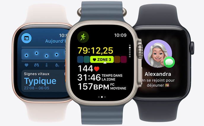 Trois modèles d’Apple Watch, au centre, un modèle en naturel, le cadran affiche une course en cours avec les statistiques de fréquence cardiaque, à droite, en noir de jais, le cadran affiche un Genmoji, à gauche, en finition or rose, le cadran affiche Signes vitaux