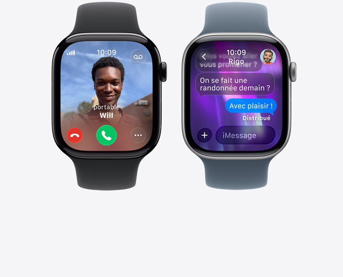 Plusieurs Apple Watch Series 11, appel entrant, photo du contact, boutons pour accepter ou refuser l’appel, conversation iMessage