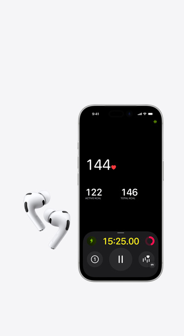 左右兩邊的無線耳筒，旁邊有一部 iPhone 螢幕顯示心率監測器