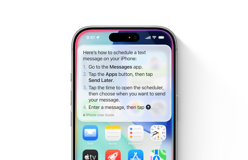 An iPhone is shown with step-by-step guidelines on how to schedule a text message to send later