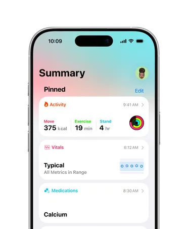 Pinned health summary on iPhone