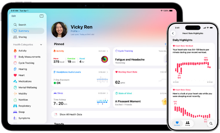 Health app with summary of health information including activity, cycle tracking, headphone audio levels, resting heart rate, sleep, and state of mind