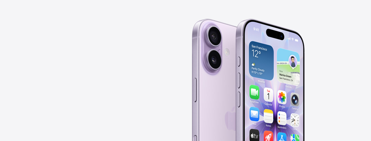 薰衣草紫色 iPhone 17 機身正面，顯示部分主畫面，側面視角展示動作按鈕和音量按鈕。機身背面展示左上角的雙融合相機系統，以及相機控制按鈕