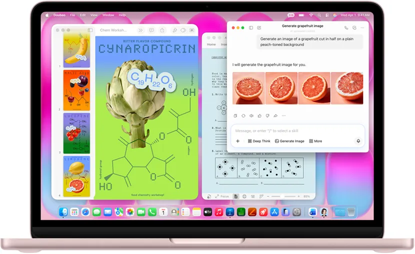 胭脂色 MacBook&nbsp;Neo，螢幕顯示使用 AI 生成西柚圖片，另外有視窗開啟了一份 Keynote 文件，內含幾張由蔬果圖片和相關分子化合物圖形構成的海報，另一個視窗則開啟另一份有關的文件
