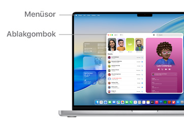 A macOS navigációs lehetőségeiről készült bemutató, benne a MacBook képernyőjének tetején található menüsorral és a Dockkal.