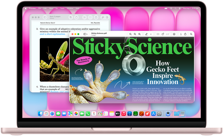 MacBook Neo hajnalpír színben, a kijelzőn egy biomimikriről szóló cikk és egy hasonló témájú feladatsor.