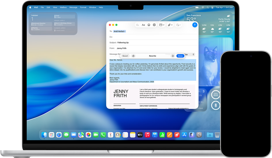 Mac showing Writing Tools and iPhone showing messages with Live Translation