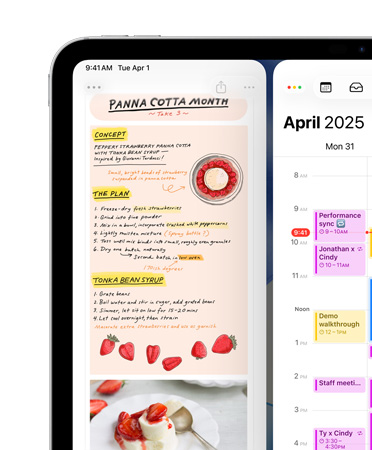 iPad, orientasi lanskap, layar kiri atas menampilkan aplikasi Catatan dan Kalender, disusun berdampingan, sebagai contoh pengotakan jendela