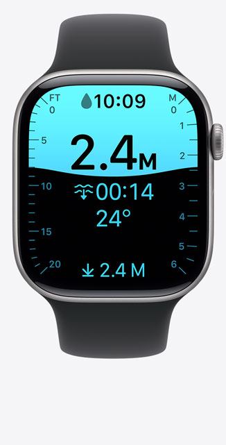 Apple Watch Series 11, alumninum case, space grey colour, Depth app screen, dive at 8 feet