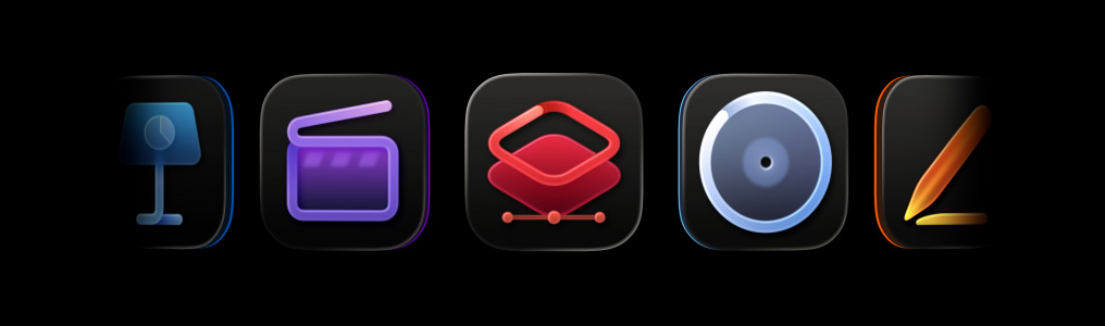 Apple Creator Studioアプリのアイコン。Final Cut Pro、Pixelmator Pro、Logic Pro、Pages、Compressor、MainStage、Numbers、Motion、フリーボード、Keynote