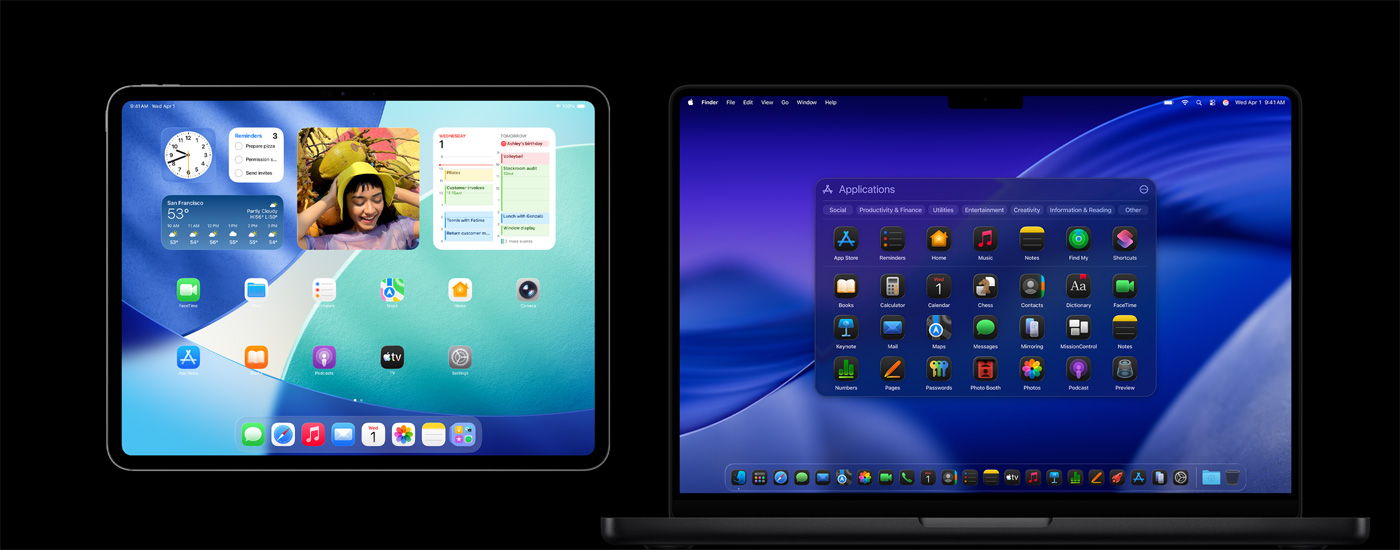 様々なアプリのアイコンが表示されているiPadとMac。iPadには、カレンダー、天気、写真などのウィジェットが表示されている。