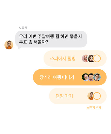 그룹 채팅에서 주말 여행을 어디로 갈지 투표하는 사람들의 대화가 담긴 메시지 앱의 새로운 투표 기능 클로즈업