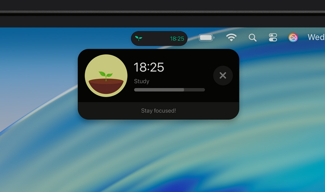 Extremo superior de la pantalla de un dispositivo Mac que muestra la barra de menús con una Actividad en Vivo ampliada de la app Forest