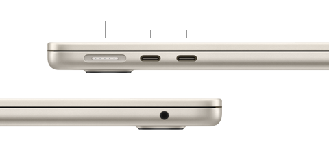 „MacBook Air“, uždarytas, kairė pusė, demonstruojamas „MagSafe“ ir du „Thunderbolt“ prievadai, dešinė pusė, rodoma ausinių jungtis