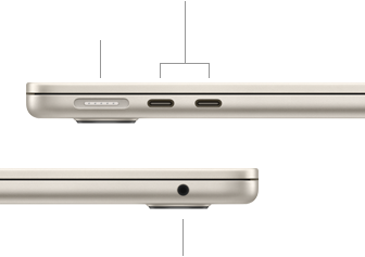 „MacBook Air“, uždarytas, kairė pusė, demonstruojamas „MagSafe“ ir du „Thunderbolt“ prievadai, dešinė pusė, rodoma ausinių jungtis