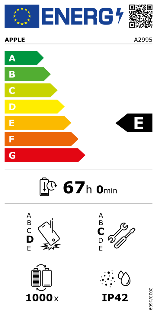 ES energomarķējuma QR kods un informācija, Apple modelis A2995, E klase, energoefektivitātes klases (sistēmā no A līdz G), no A (visefektīvākā) līdz G (visneefektīvākā), akumulatora izturība vienā ciklā, 67 stundas un 0 minūtes ar pilnībā uzlādētu akumulatoru, vairākkārtējas kritienizturības klase: D, no A (visizturīgākā) līdz E (visneizturīgākā), remontējamības klase: C, no A (visremontējamākā) līdz E (visneremontējamakā), akumulatora cikliskā izturība: 1000, korpusa aizsargātības pret putekļiem un ūdeni pakāpe (IP) IP42, Regula 2023/1669
