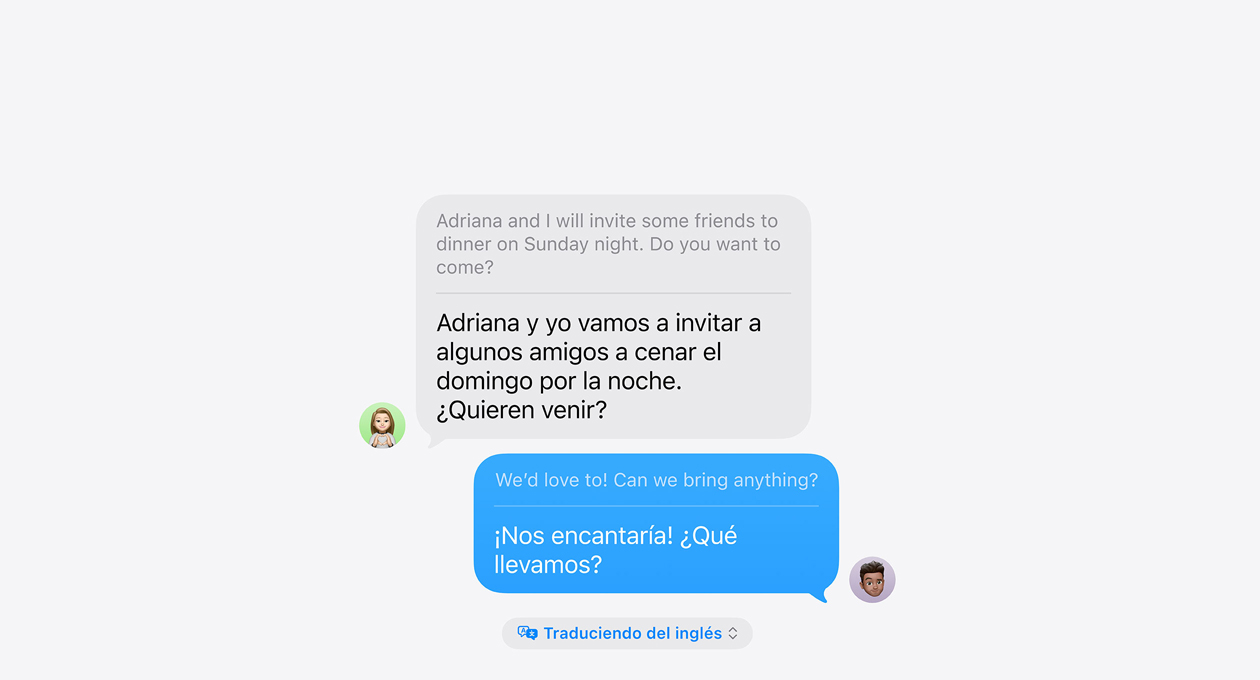 Traducción en Vivo en Mensajes muestra un ejemplo de traducción automática entre español e inglés