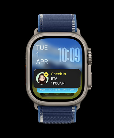 Apple Watch Ultra 3, black colour, titanium case, Check In notification sits atop Smart Stack, Trail Loop, blue/bright blue colour