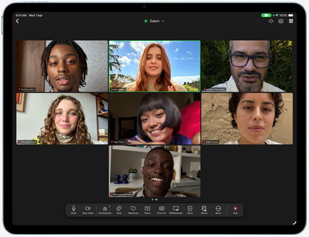 iPad Air, front exterior, Zoom call on the screen, multiple participants visible