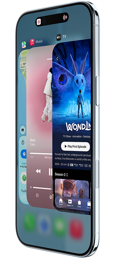 iPhone Air, front exterior, side exterior, with Maps, Music and Apple TV+ apps, showcasing the App Switcher feature in use