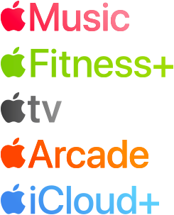 A list of Apple services: Apple Music, Apple Fitness Plus, Apple TV, Apple News Plus, Apple Arcade, and Apple iCloud Plus