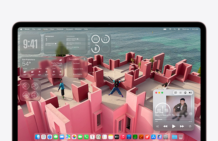 MacBook Neo screen customized with desktop background of a seaside rooftop patio and various widgets like Music, Calendar, Weather, and Reminders