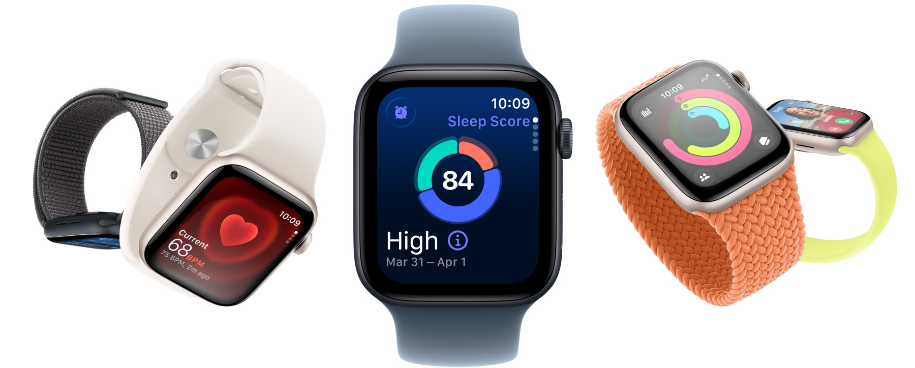 Zegarki Apple Watch SE 3 z kopertami z aluminium dostępnymi w kolorach księżycowej poświaty i północy, z aplikacjami takimi jak Parametry życiowe, Tętno oraz z wynikiem snu, Pierścieniami aktywności i połączeniem przychodzącym