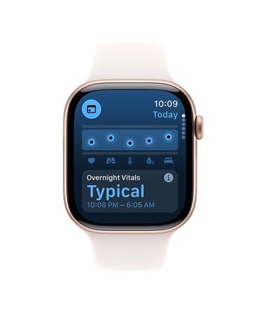 Apple Watch Series 10 z białym paskiem sportowym, na ekranie: Parametry życiowe, Temperatura nadgarstka; obok drugi Apple Watch Series 10 z czarnym paskiem sportowym, na ekranie: Parametry życiowe, Temperatura nadgarstka, Tętno, Analiza
