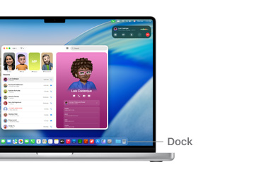 Przegląd elementów nawigacyjnych w macOS na MacBooku Pro 14 cali; linia wskazuje położenie Docka.