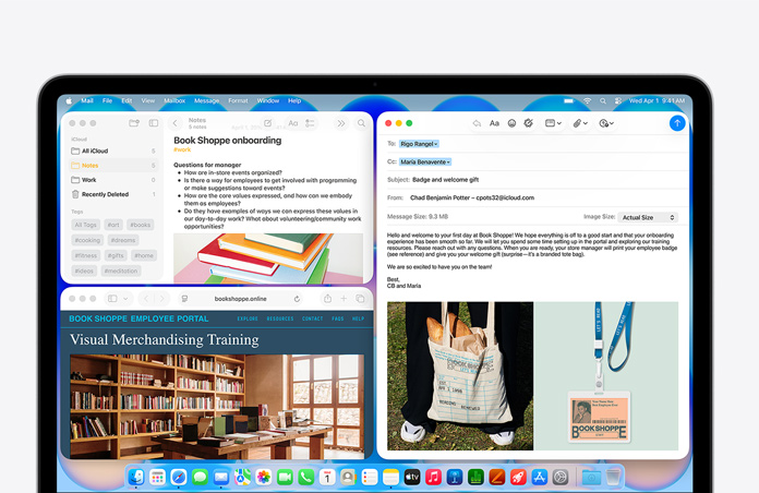 MacBook Neo, culoare Indigo, funcția de dispunere a ferestrelor în mozaic organizează ferestrele de pe ecran, inclusiv un e-mail de bun-venit pentru un nou angajat al unei librării, un document Notițe despre integrare și site-ul portalului de angajați al librăriei în Safari