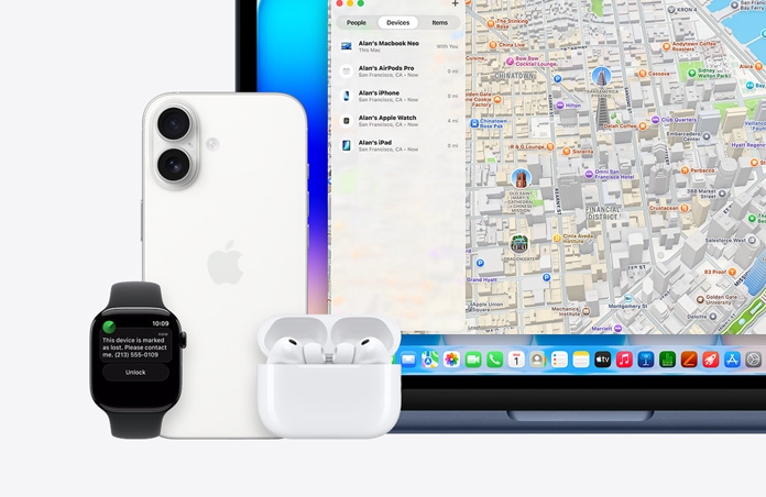 Apple Watch, pe ecran apare textul „Acest dispozitiv este marcat ca pierdut. Vă rog să mă contactați.” împreună cu un număr de telefon, lângă un iPhone, AirPods Pro și MacBook Neo, culoare Indigo, pe ecran aplicația Găsire cu o hartă și o listă de dispozitive cu locațiile lor