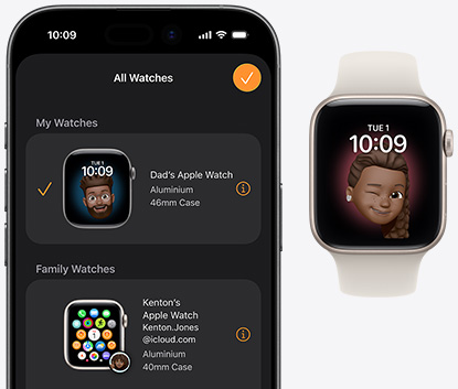 iPhone 17, Watch app, paired Apple Watch SE 3, aluminum case, starlight color, Memoji face, starlight Sport Band