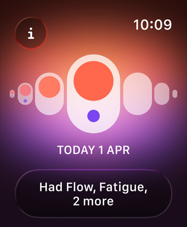 Cycle Tracking in Health app, orange and purple dots highlight different menstruation symptoms