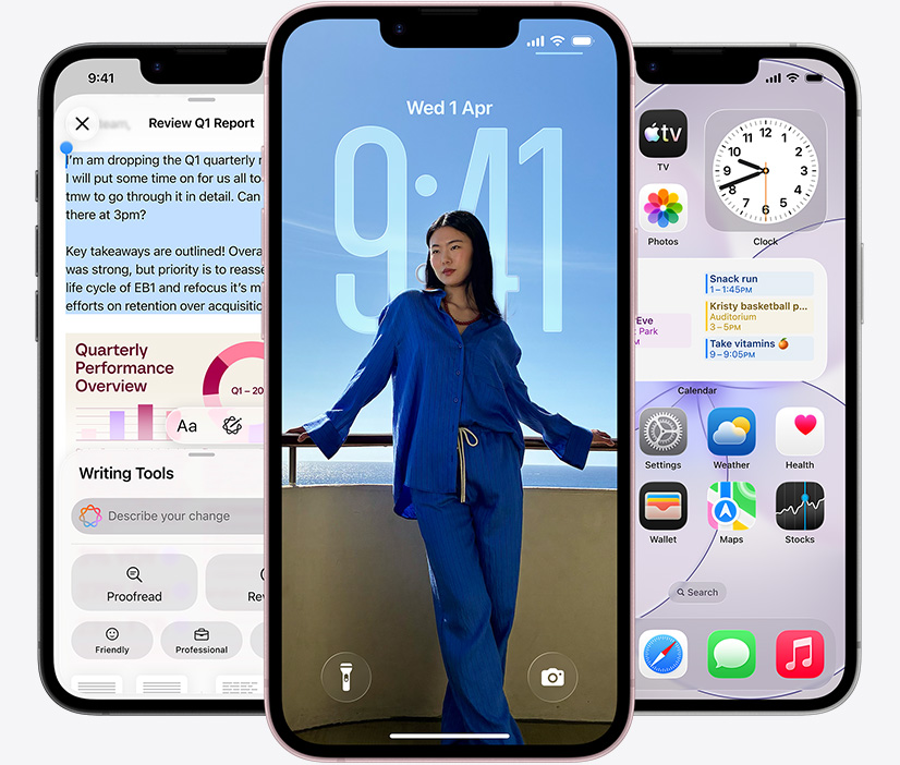 Three iPhone 17e devices, front exterior, screenshot featuring Writing Tools in use, Lock Screen showing a photo of a person, and Messages app sending messages via satellite