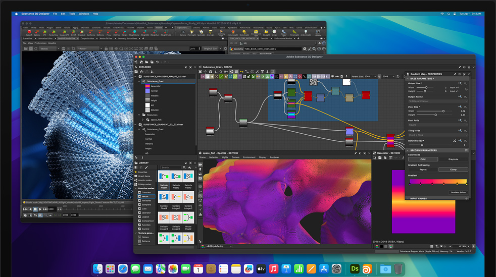 Obrazovka s aplikáciami Adobe Substance 3D Designer, Houdini a Redshift pri práci na Macu Studio s čipom M4 Max
