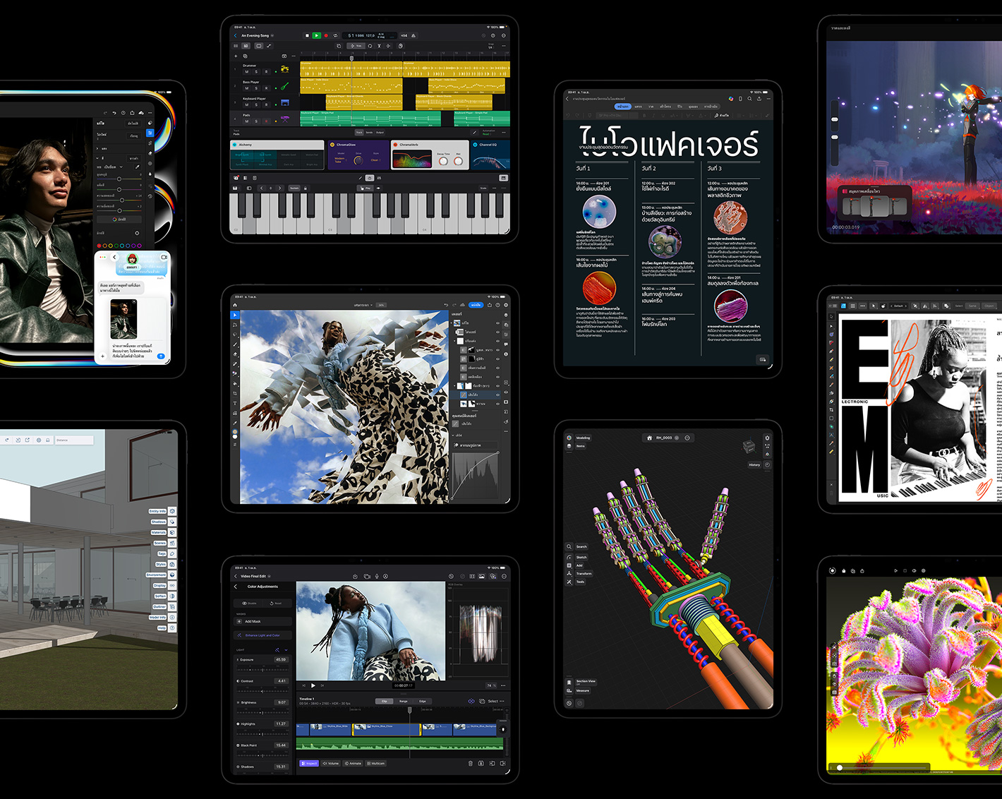 Multiple iPad Pro displays showcasing iPadOS apps with creative projects open including Logic Pro, Adobe Lightroom, Adobe Photoshop, Final Cut Pro, Trimble SketchUp, Microsoft Word, Procreate Dreams, Affinity Designer 2, Shapr3D, Octane X