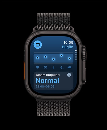 Apple Watch Ultra 3, siyah renk, titanyum kasa, Yaşam Bulguları uygulaması, sağlık skoru grafiği, Gece Boyu Ölçülen Yaşam Bulguları uç değerler bildirimi, kordon, siyah Milanese Loop